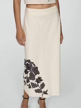 Cream Midi Skirt with Black Floral Embroidery